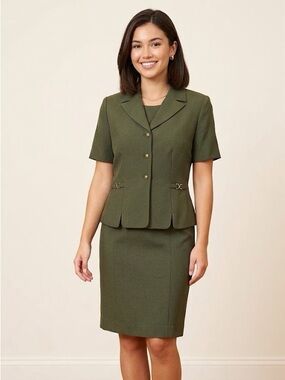 Kasper 2Pc. Short Sleeve Dress Suit Army Green 8 Petite
